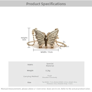 Detailed size chart for rhinestone butterfly evening bag showing width 11cm and height 8cm