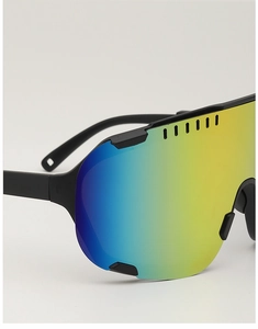 Detail of multi-color gradient cycling sunglasses lens and black frame structure