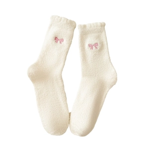 Thick beige winter fuzzy crew socks with pink bow embroidery for women's home warmth