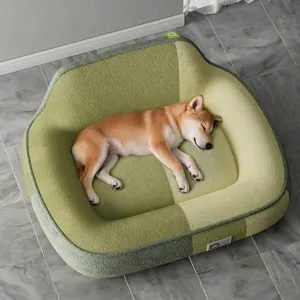 Green semi-enclosed dog bed for medium pets with Shiba Inu sleeping comfortably inside