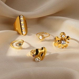 Gold Tone Stainless Steel Ring Artificial Pearl Heart Flower Cubic Zirconia Adjustable Open Band Exaggerated Fashion Jewelry For Women