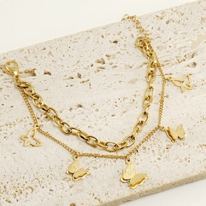 Double-layer 18K gold-plated stainless steel chain bracelet with butterfly charms