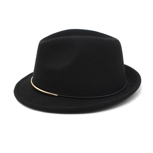 Classic black wool fedora hat for women with elegant gold ring buckle and jazz style