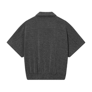 Dark gray short sleeve polo shirt with ribbed hem, high-quality knit texture back view