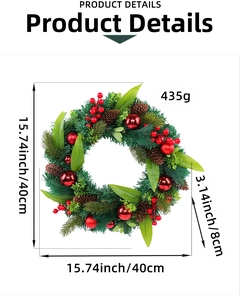 Detail view of 40cm Christmas wreath with red berries, pine cones and festive ornaments
