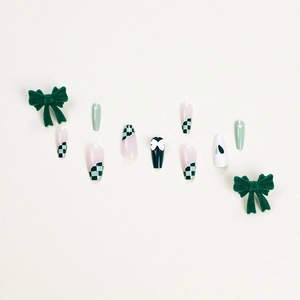 Matcha green checkerboard press-on nails with 3D bow and heart patterns in coffin shape