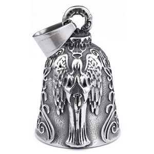 Vintage stainless steel guardian bell pendant with an embossed praying angel design
