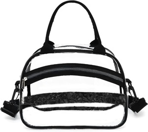 Close-up of clear PVC toiletry bag with black reinforced edges and metal zipper detail