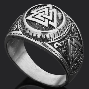 Men's vintage Viking Valknut ring in stainless steel with Nordic engraving on black background