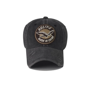 Vintage dark gray washed baseball cap with circular bird embroidery and distressed brim detail