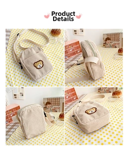 Detail view of corduroy bear crossbody bag showing front, back, side and angle views