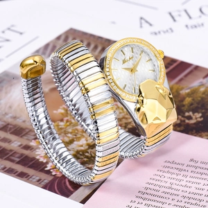Macro shot of two-tone snake-shaped luxury watch with crystal bezel on a magazine