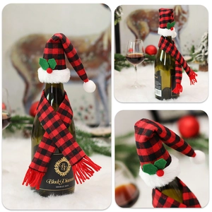 Christmas red and black buffalo plaid wine bottle hat and scarf set for holiday decor
