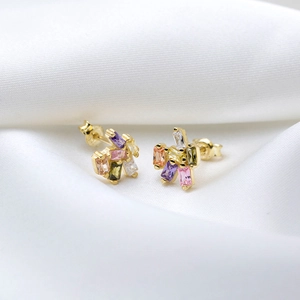 S925 silver stud earrings with colorful geometric zircons on white silk fabric