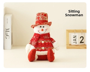Close-up of a Christmas snowman plush doll with a red knitted sweater and sequined hat