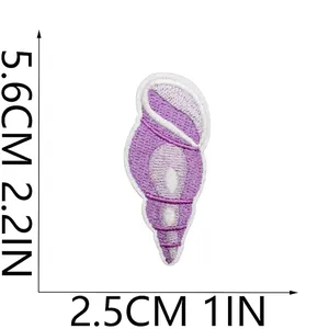 Detailed dimensions of purple conch embroidery patch showing 5.6cm height and 2.5cm width