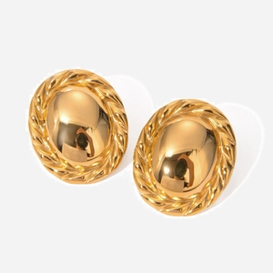 Vintage 18K Gold Plated Stainless Steel Dome Earrings With Rope Border Oval Geometric Waterproof Hypoallergenic For Women