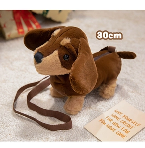 Close-up of 30cm dachshund plush crossbody bag with soft brown fur and zipper detail