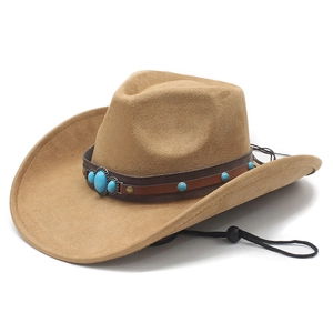 Retro khaki suede western cowboy hat with turquoise beaded band and chin strap