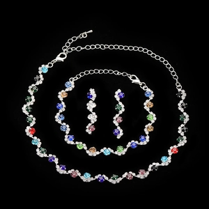 Silver bridal jewelry set with wave chain, colorful crystals and necklace earrings
