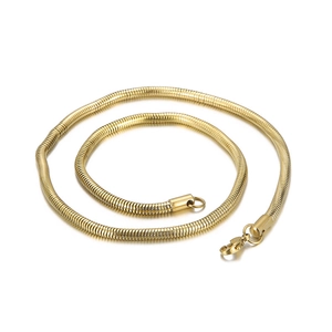 Polished 18k gold plated round snake chain necklace with spring clasp on white background