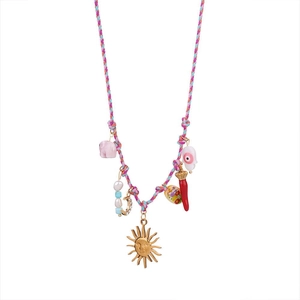 Bohemian woven rope necklace with sun moon pink elephant and evil eye charms