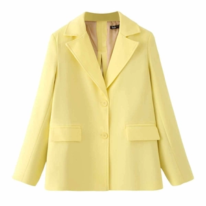 Women's Bright Yellow Blazer Jacket With Large White Satin Back Bow Notched Lapel Long Sleeve Casual Commuter Outerwear