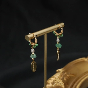 Baroque Pearl Drop Earrings Green Aventurine Earring Post Gold Plated Handmade Boho