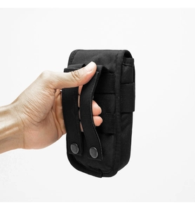 Tactical nylon molle pouch back detail featuring dual vertical straps with metal snaps