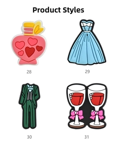 Detail view of PVC wedding shoe charms featuring perfume, dress, suit, and wine designs