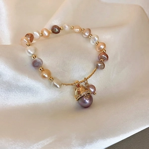 Freshwater Pearl Bracelet With Zircon Lucky Cat Pendant Baroque Irregular Multi Color Beads French Retro Style Jewelry For Women