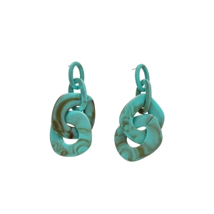 Acrylic tortoiseshell chain earrings with blue marble texture on white background