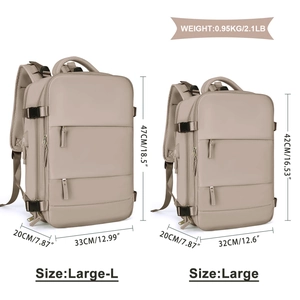 Size comparison chart for large khaki travel backpack showing dimensions and weight metrics