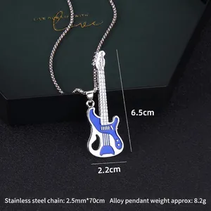 Retro electric guitar necklace with blue enamel on stainless steel long sweater chain