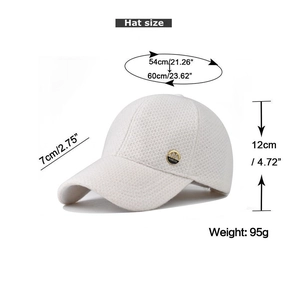 Detailed size chart for the white baseball cap with golden side logo showing hat dimensions