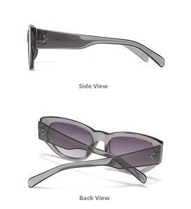 Detailansicht der grauen Cat-Eye-Sonnenbrille mit lila Verlaufsgläsern von hinten