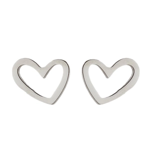 Minimalist silver heart stud earrings in polished stainless steel on white background