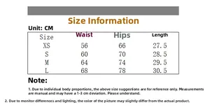 Detailed size chart for the cross-pattern ultra-short skirt with waist and hip measurements