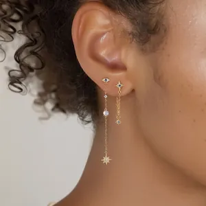 S925 sterling silver star and evil eye tassel earrings with blue cubic zirconia