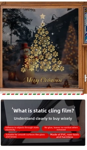 Detail of gold snowflake Christmas tree window sticker showing static cling PVC material