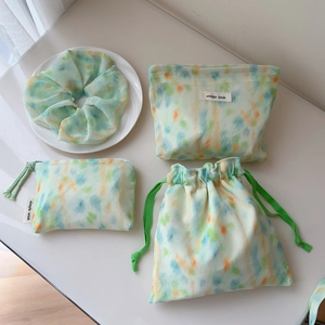 Fresh mint green watercolor floral fabric organizer set with scrunchie and zip pouches