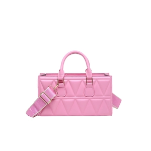 Pink triangular quilted crossbody bag with textured faux leather and wide strap