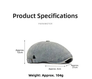 Detail view of denim flat cap showing dimensions 12cm height and 6cm brim size