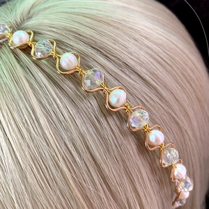 Handmade crown headband featuring natural crystals and deep sea pearls on gold metal wire