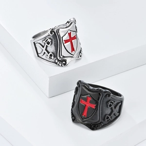 Men Crusader Shield Ring Stainless Steel Red Cross Vintage Knight Signet Jewelry Retro Punk Style