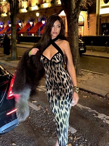 Robe Dos Nu Imprimé Léopard Sexy Slim Fit Bodycon Robe Midi Avec Fente Sans Manches Pour Femmes