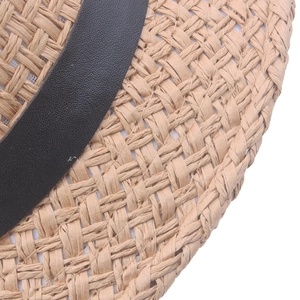 Classic straw jazz hat with black leather strap detail and fine woven texture