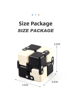 Detail view of the black and white infinity cube showing 3.5cm compact packaging size