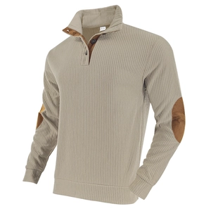 Close-up of khaki rib-knit sweatshirt with suede elbow patches and three-button collar