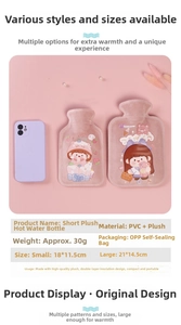 Pink plush hot water bottle with cartoon design in small and large size options